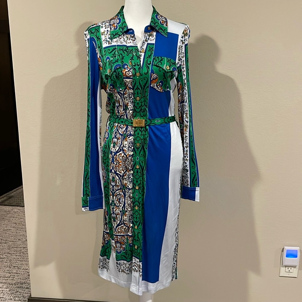 Tory Burch Green Blue White Printed Midi Shirt Dress with Belt